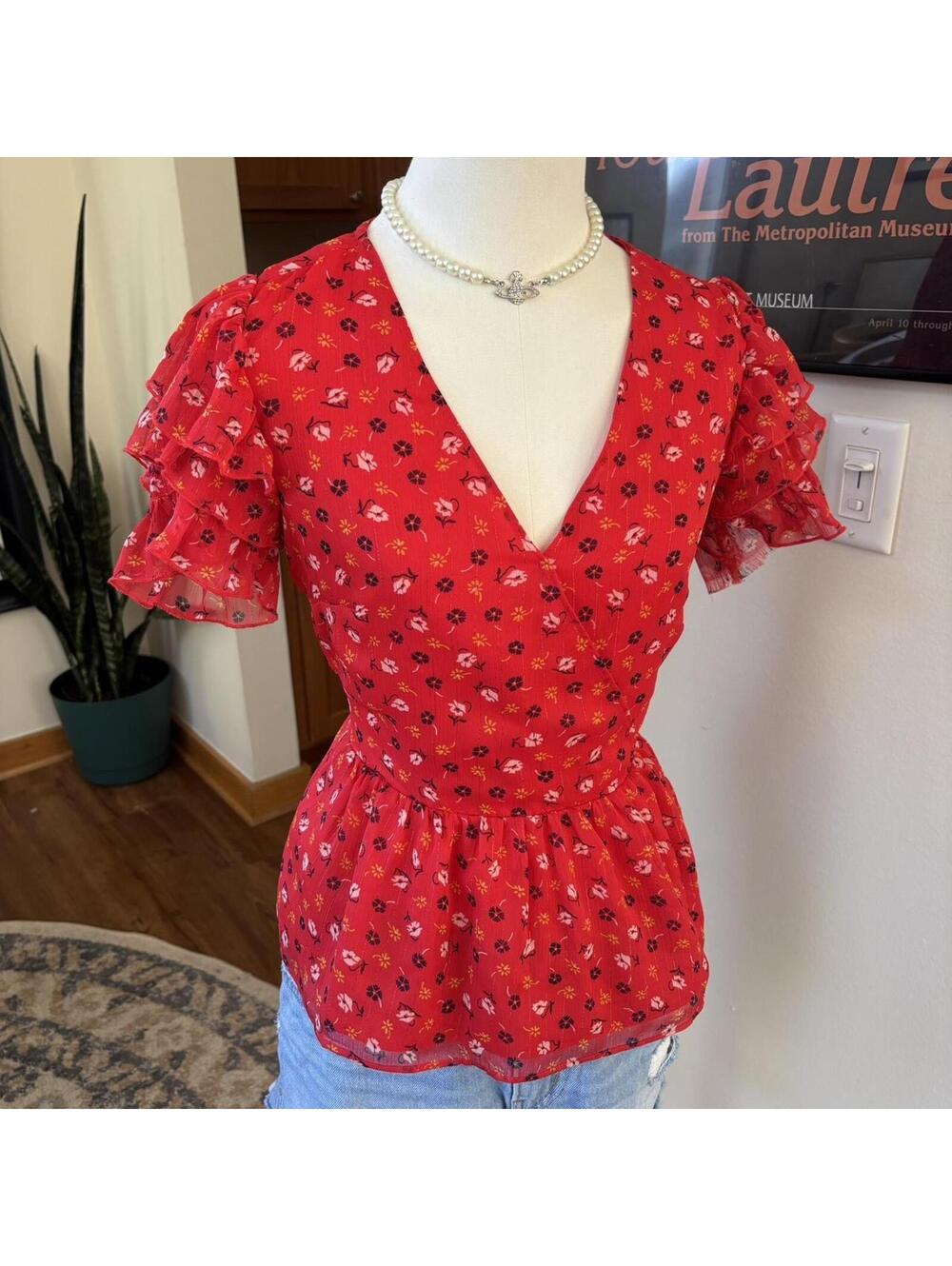 Madewell Red Floral Babydoll Peplum Blouse Ruffle Sleeve Top
